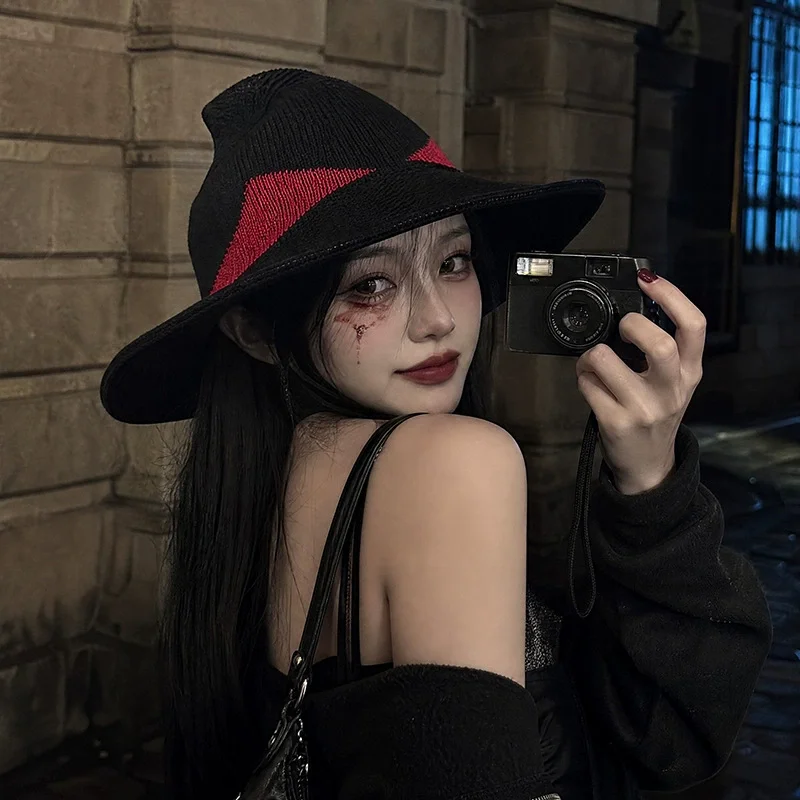 Winter New Halloween Knitted Witch Hat Pointed Shape Color Blocking High Top Wizard Hat Foldable Portable Magic Hat