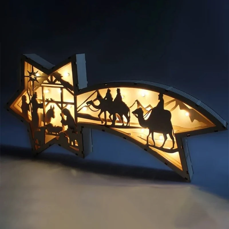 

LED Wooden Christmas Nativity Star Lamp Christian Themed Desk Ornament Christmas Decorative Light