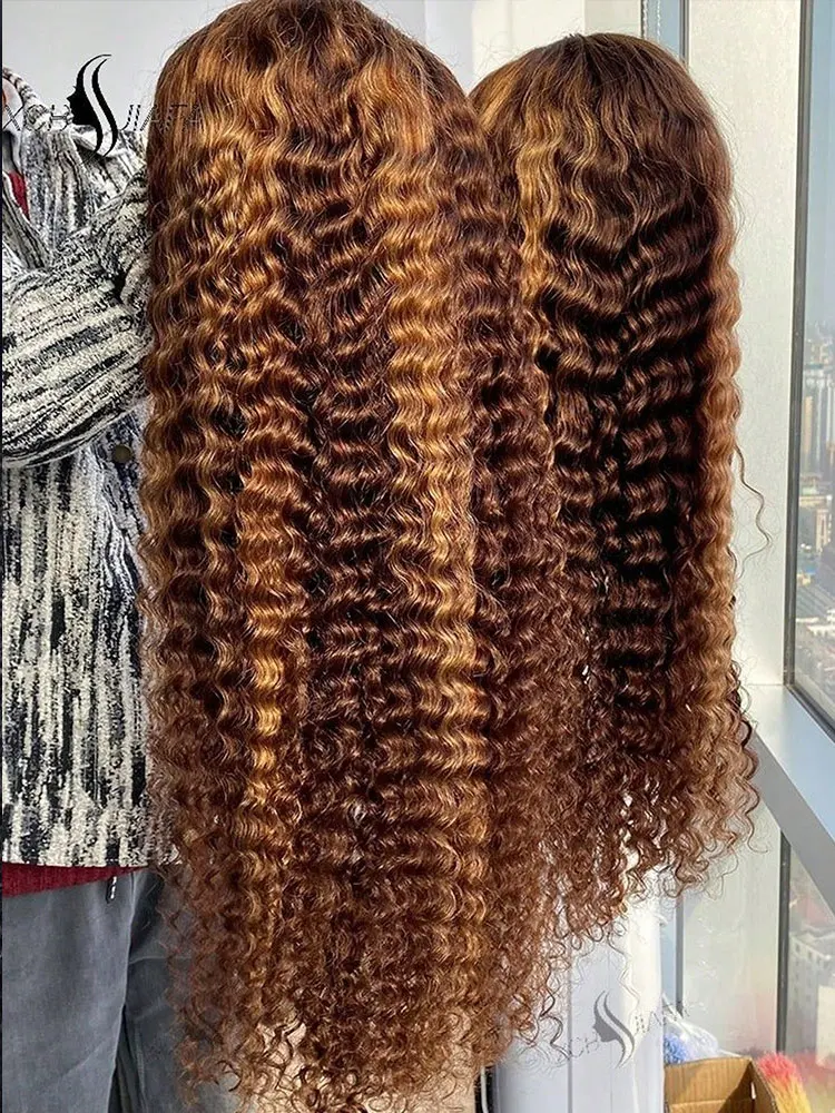 

Ombre Highlight Curly Lace Front Парики из натуральных волос 250% 13x4 HD Прозрачный парик с глубокими волнами 4/27 5x5 Бесклеевые парики с закрытием