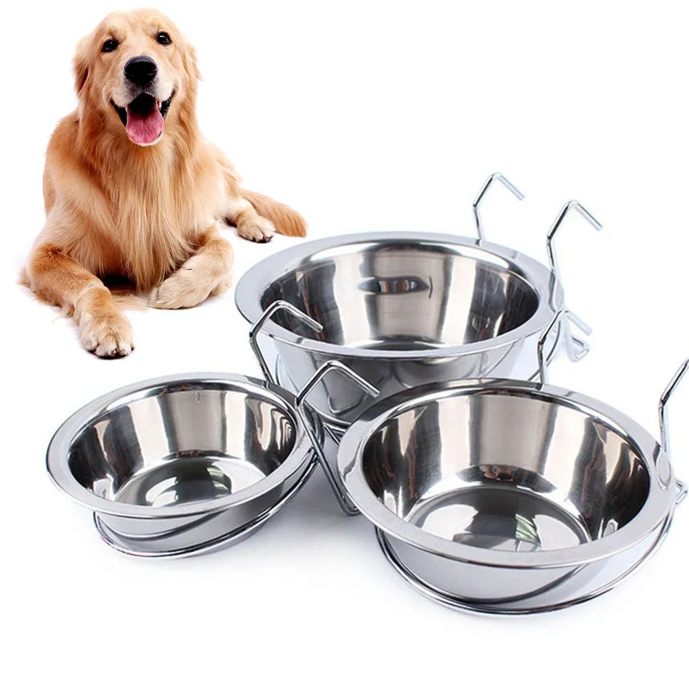 Stainless Steel Pet Hanging Bowl Feeding Dog Puppy Cat Bird Parrot Food Water Cage Cup Holder with Hook Feed Products