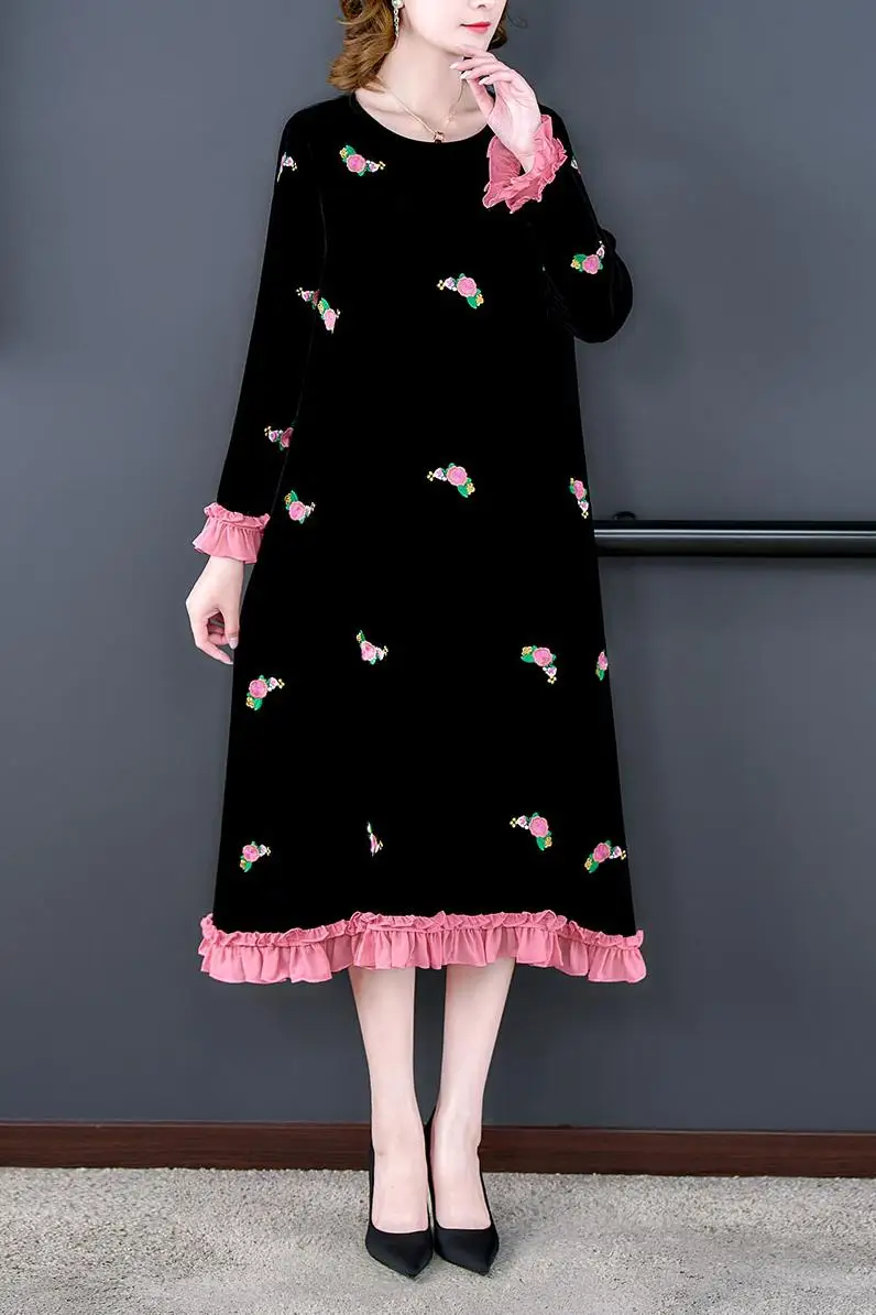 Women Autumn & Winter Elegant Velvet Dress Festa High Quality Long Cocktail Party Robe Embroidery Designer Loose Vestidos