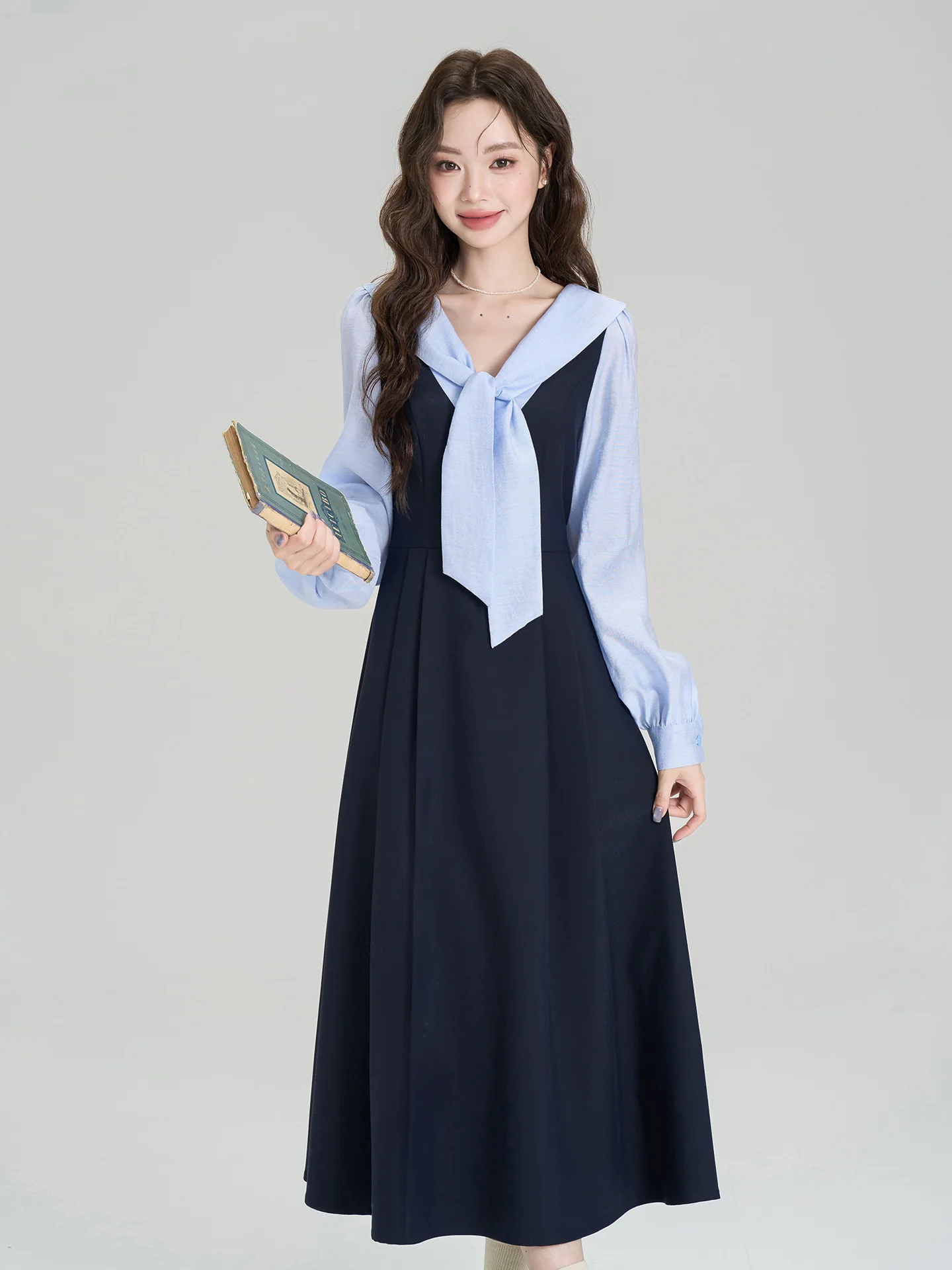 

Retro Academic Sle Long Dr Women's Spring Autumn New Patchwork Waist Cinched Scarf Collar Dr Stand Fit A-Line Skirt