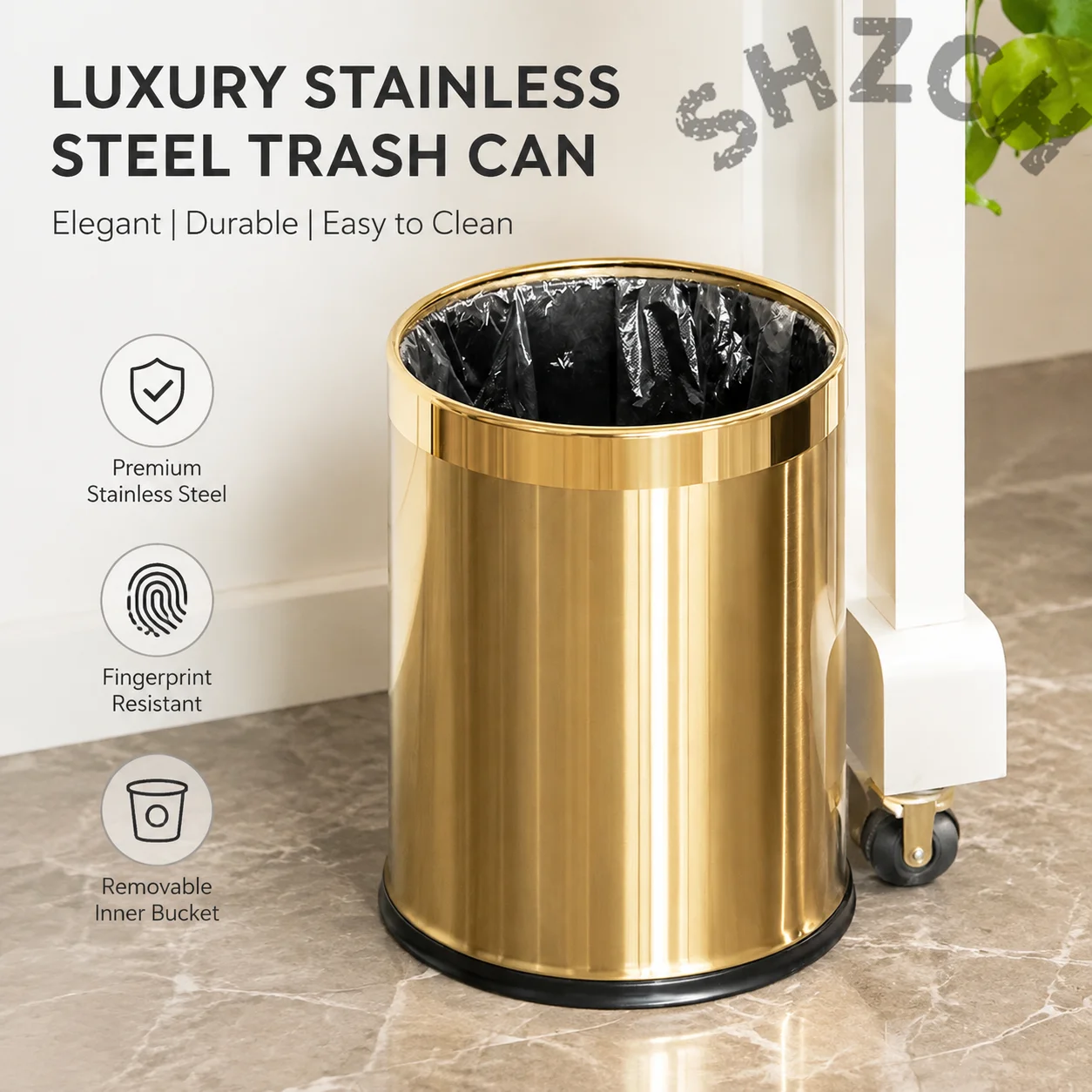 Modern Odor-Proof Golden Dustbin – Stainless Steel Trash Can for Kitchen, Bathroom & Living Room
