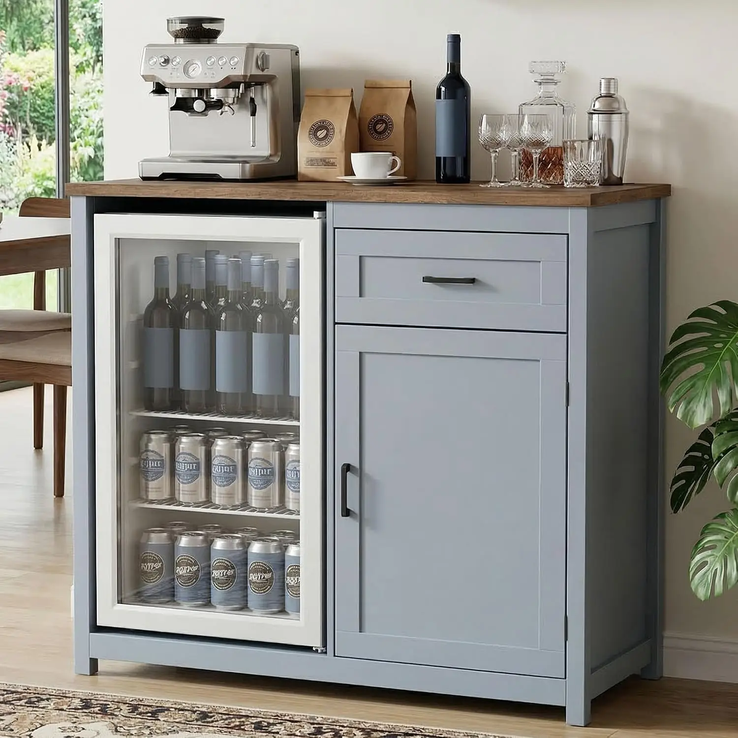 Coffee Bar Cabinet with Mini Fridge Space & Power Outlet, Adjustable Shelf & Drawers, Blue-Gray Home Entertaining, Customized