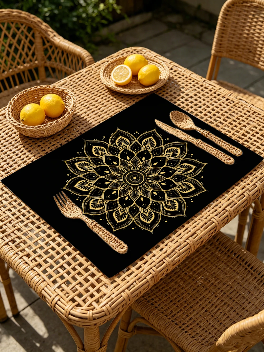 Printed Placemats for Dining Table Kitchen Holiday Parties Golden Mandala On Black Background