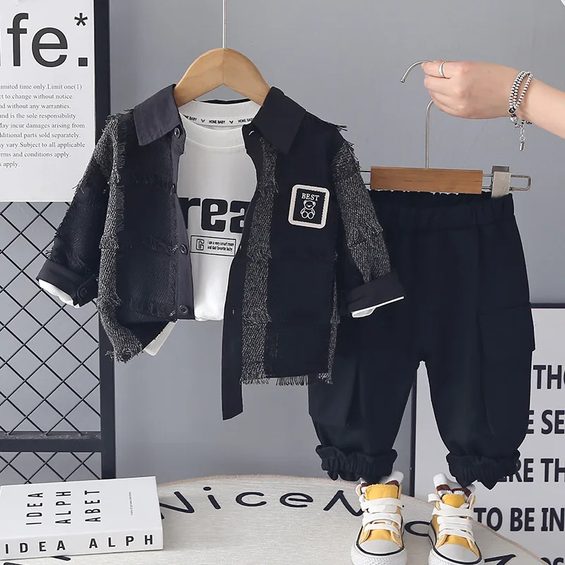 Baby Boys 3pcs Clothing Set 2026 Spring Autumn Fringe Patchwork Jacket + Tee + Cargo Pants Toddler Kids Casual Cotton Outfits