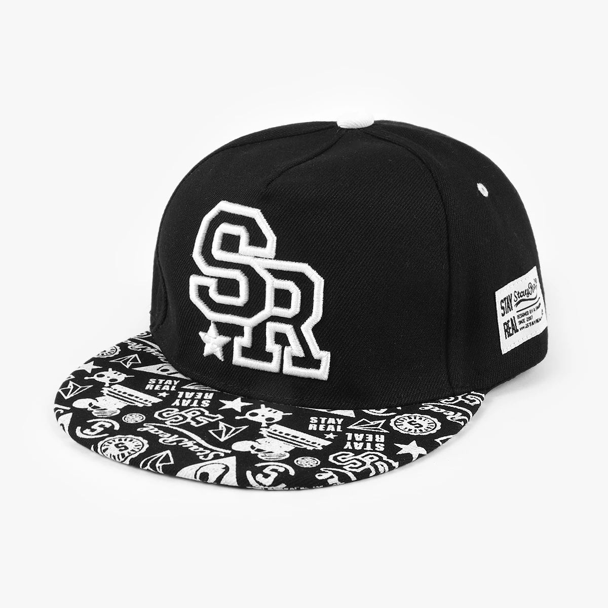 European and American Hip-Hop Side-Stitched Embroidered SR Five-Star Color-Striped Brimmed Printed Hard-Top Flat-Brimmed Sun Hat