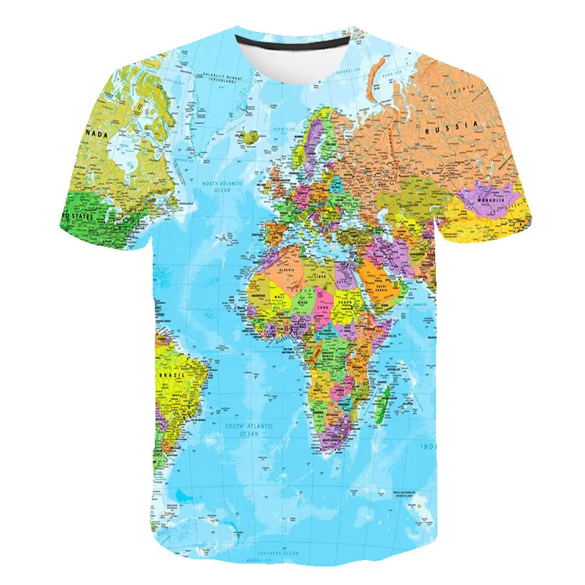 Summer 3D Print World Maps Kids T Shirt Fashion Casual Cartoons Crew Neck T-shirt Boys Girls Harajuku Children\'s Clothing