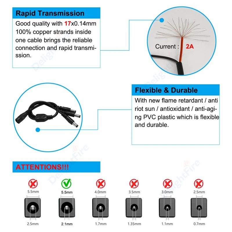 1 إلى 2/3/4/5/6/8 طريقة تيار مستمر كابل مقسم الطاقة 5.5 مللي متر 2.1 مللي متر 5 فولت 12 فولت محول الطاقة موصل الحبل لشريط LED أضواء كاميرا تلفزيونات الدوائر المغلقة #5