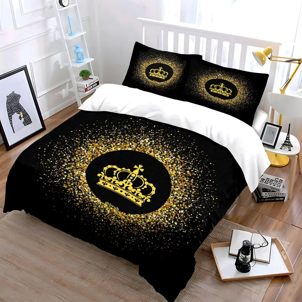 Golden Crown Glitter Decor Set Bedding Set with 1 Duvet Cover 2 Pillowcases Single Double King Queen, Gift