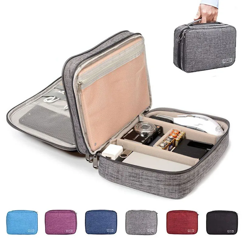 Portable Waterproof Travel Cable Storage Bag - Digital Electronic Organizer with USB Data Line Charger Plug Compartments