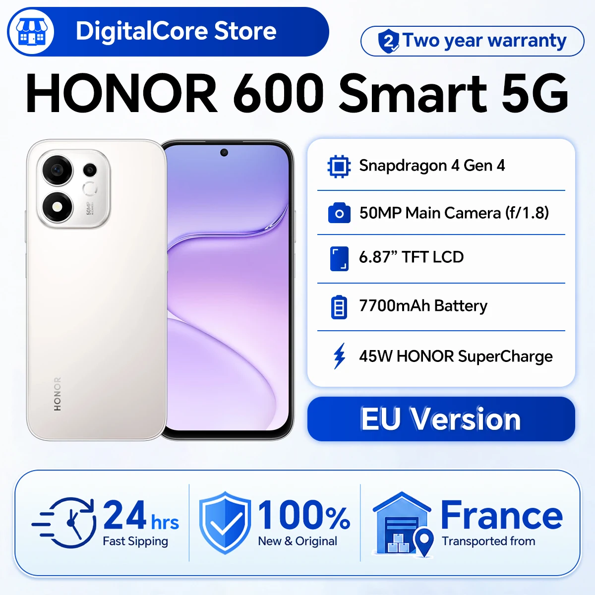 HONOR 600 Smart 5G Smartphone EU-versie 7700mAh batterij 45W SuperCharge Snapdragon 4 Gen4 MagicOS 10 6,87 inch scherm 50MP camera achterzijde
