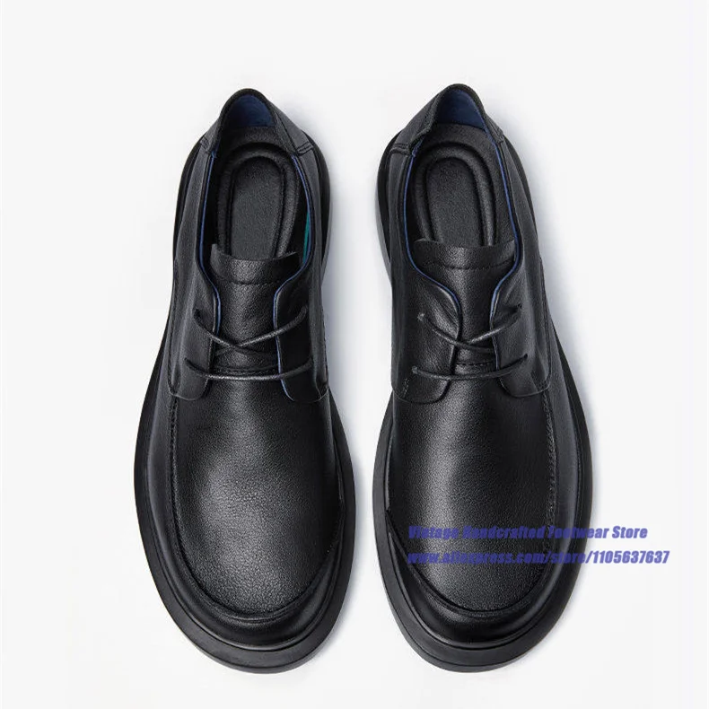 Black Leather Casual Shoes for Men Soft Leather British Style Thick Soled Lace Up Dress Shoes  ﻿Vintage Handcrafted Men's Shoes