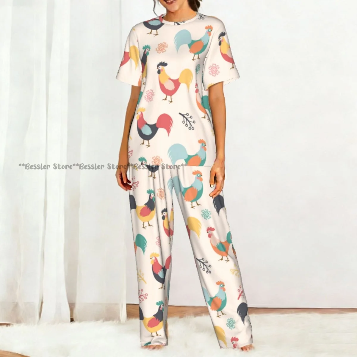 Women's Comfort Pajamas Women's Beautiful Roosters Branches And Flowers Background Short Sleeve Set Sleepwear view 5