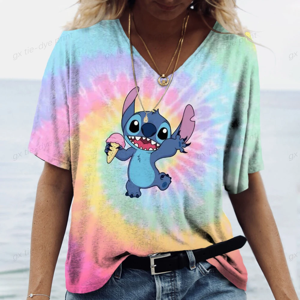 Lilo&Stitch Women's T-shirt Fashion V-neck Short sleeved Top Summer Women's Clothing Casual Harajuku T-shirt Street Trend