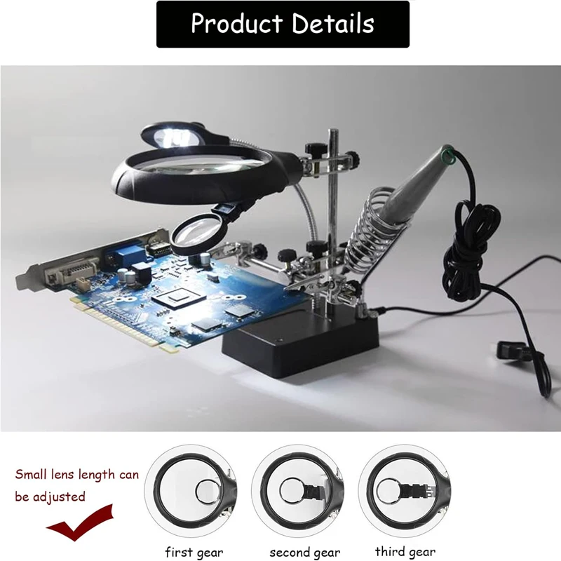3,5X 12X Schweißlupe mit LED-Beleuchtung, Hilfsclip, Krokodilklemme und Lötkolbenhalterung – Detail 4