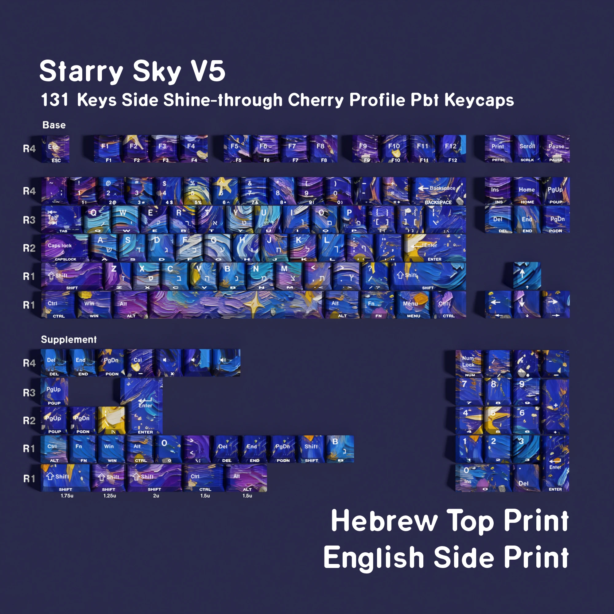 Starry SkyV5 Dye-Sub Cherry Profile Keycaps Dubbele Print 131 Toetsen Hebreeuws DE FR KR RU ES Compatibel ISO Layout voor Mechanische Toetsenborden
