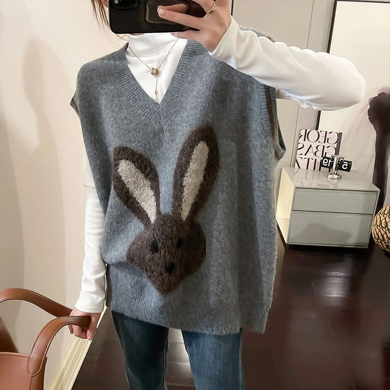 Women\'s Autumn Winter V-neck Knitted Animal Sweater Vest Fashion Rabbit Casual Versatile Pullover Fashion Elegant Print Lady Top