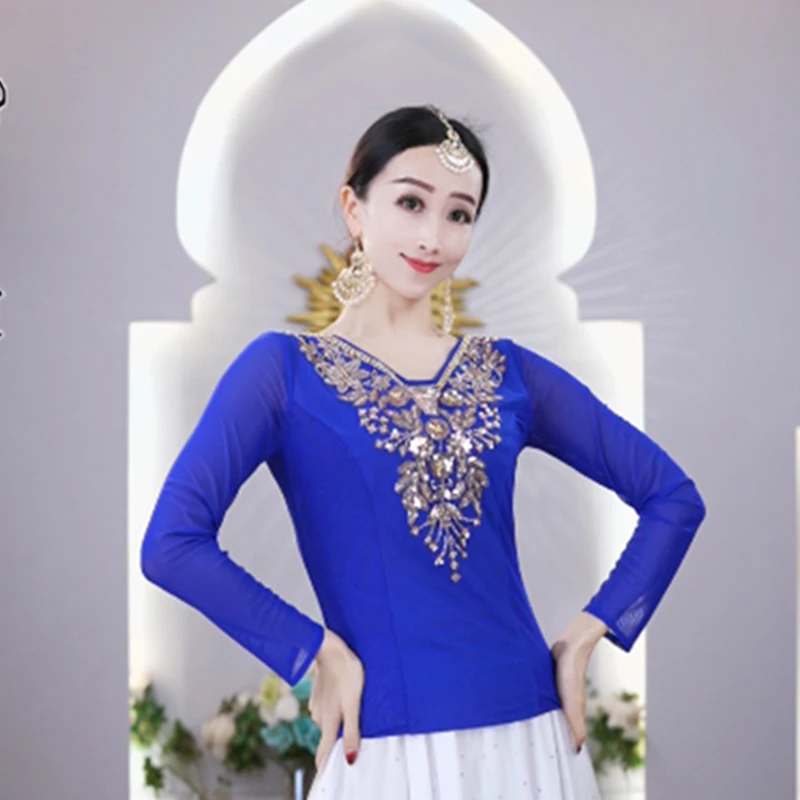 

Женский танцевальный топ, восточный традиционный танцевальный топ с длинными рукавами и вышивкой бриллиантами, индийская танцевальная одежда для выступлений на сцене, DQL11381
