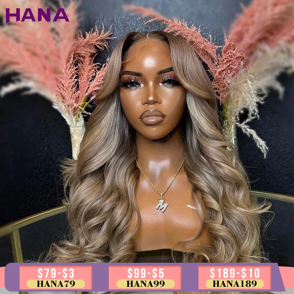 

Highlights Ash Blonde With Brown Roots Colored 13X4 Lace Front Wig Ombre Blonde Body Wave 5X5 Closure Human Hair Wigs For Women