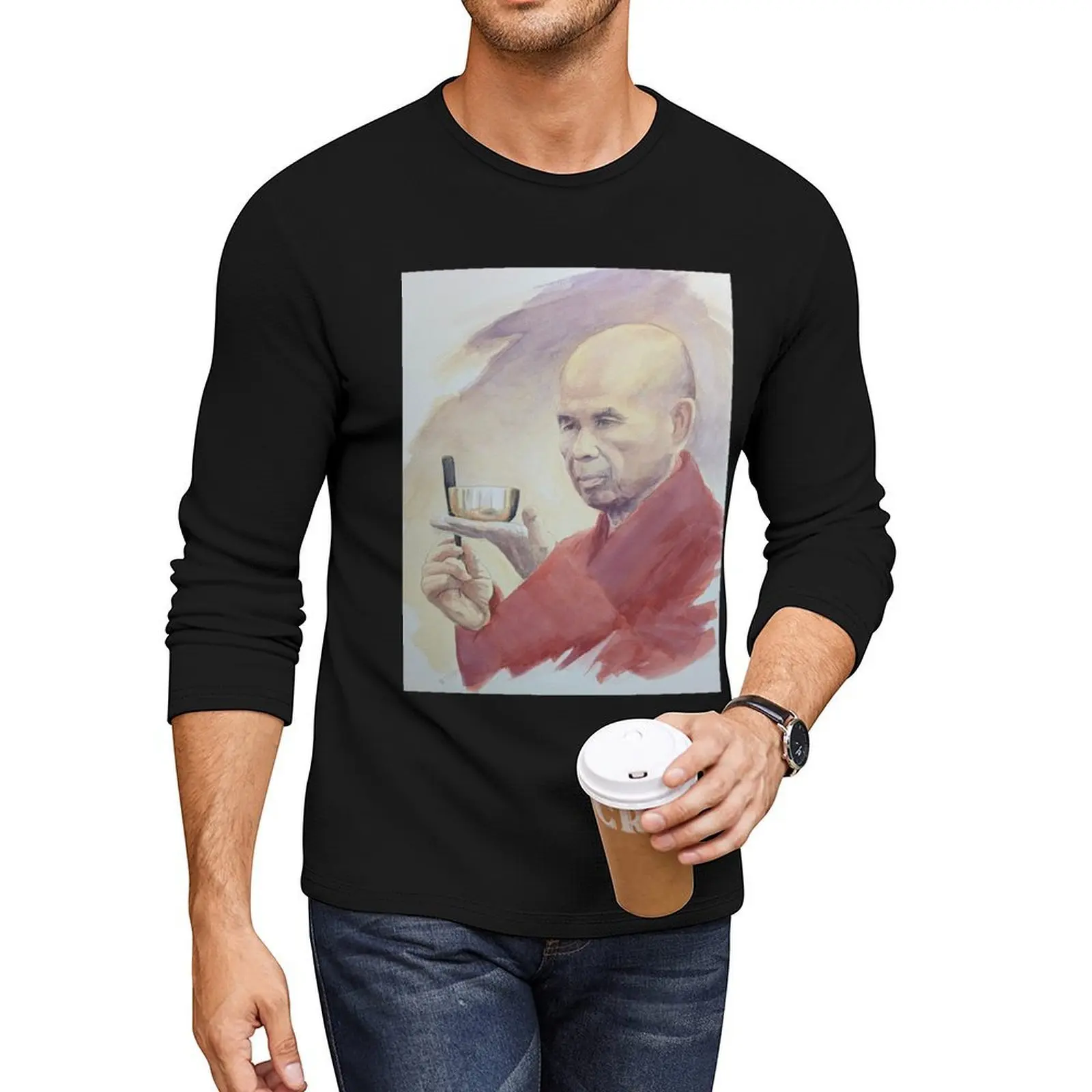 

Thich Nhat Hanh, Buddhist monk with bowl watercolor, Plum village Long T-Shirt hippie clothes mens graphic t-shirts