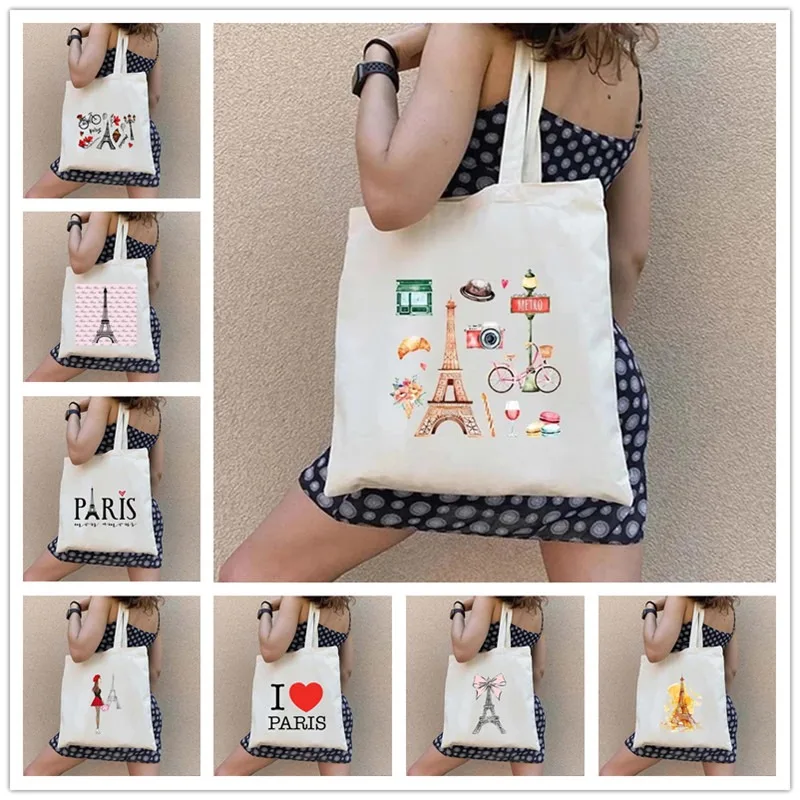 Eiffel Tower Paris France Shopper Shopping Bag Large Capacity Graphic Women Shoulder Canvas Tote Bags Eco Student Book Handbag