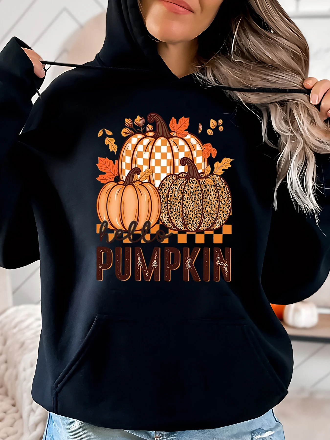 

Осенняя толстовка с рисунком тыквы на Хэллоуин, женская повседневная осенняя одежда, черный, больших размеров