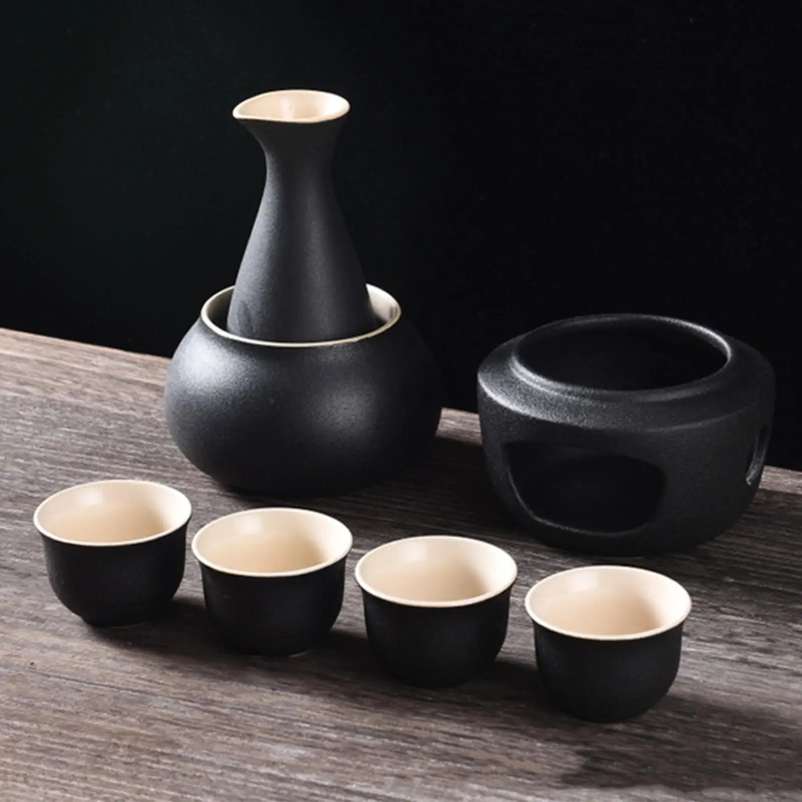 

Ceramic Sake Set with Warmer Sake Bottle 4 Cups Warming Bowl