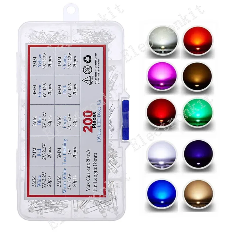 200 peças 10 cores x 20 peças kit de diodo led 3mm f3 conjunto sortido emissor de luz branco quente verde vermelho azul amarelo laranja roxo rosa