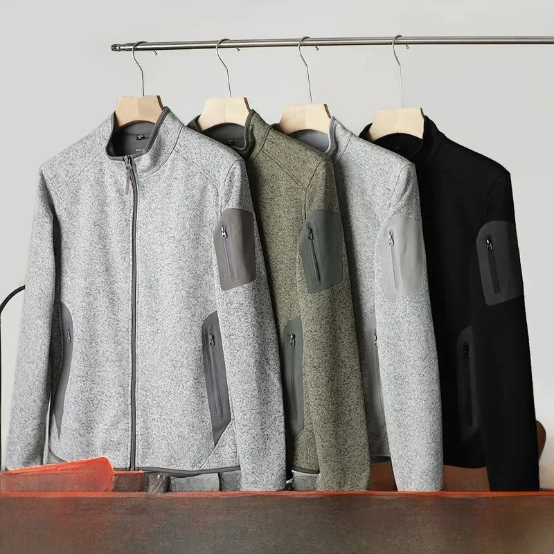 

Outdoor ex Fce Lined Knitted Fabric Jaet Stand Collar Warmth Polyester Long Sve Zipper Closure Stand Fit Jaet