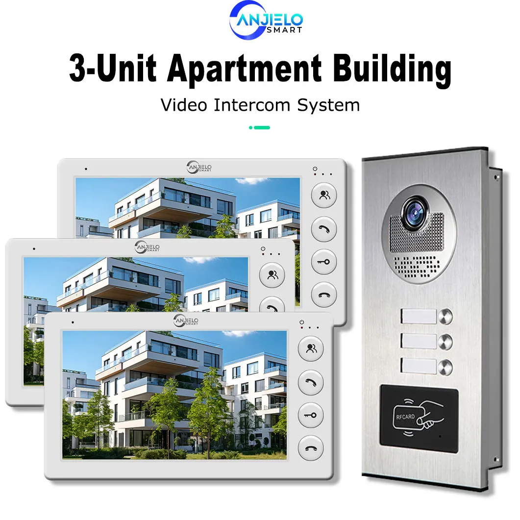 ANJIELO 3 Unit Multi Apartments Intercom Video Doorbell with RFID Card Unlock 7inch 4Wired Video Door Phone System