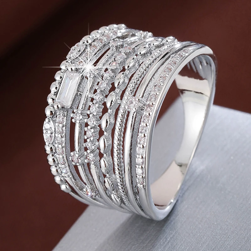 Exquisite Multi-Layer Design Wide Face Women'S Ring With Synthetic Zirconia