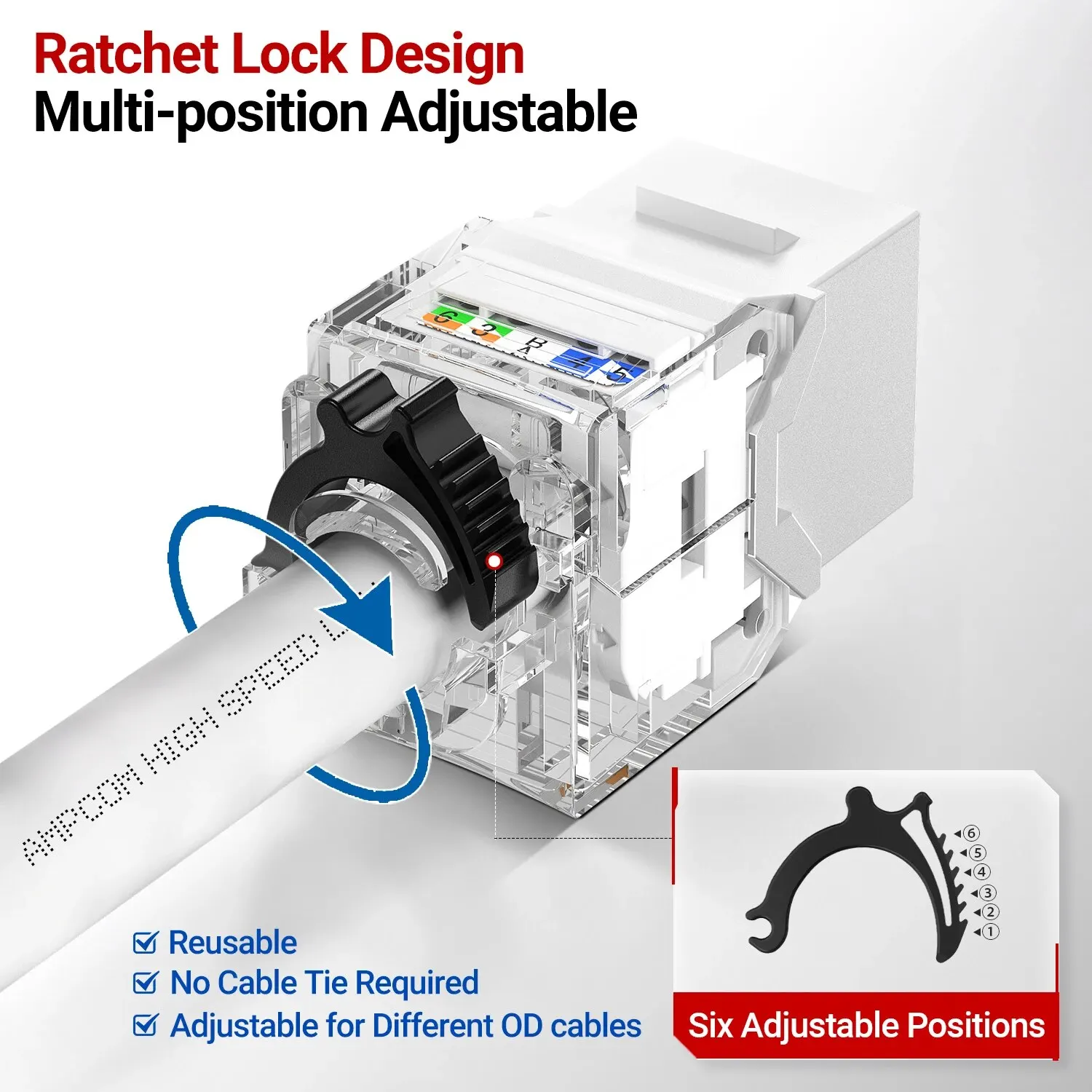 AMPCOM CAT6A UTP RJ45 Keystone Jack Tool-free 50u Gold Plating Module Connector Ethernet Wall Jack with Adjustable Ratchet Lock