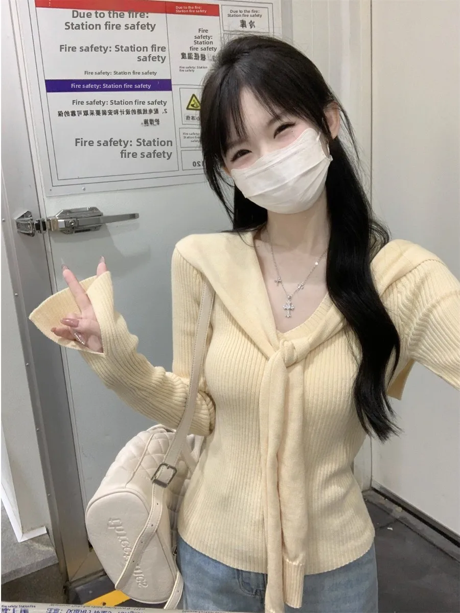 

Korean Style Women's Knitted Sweater with Shawl Collar Removable Long Sleeve V-Neck Slim Fit Spring New Gentle Style Top