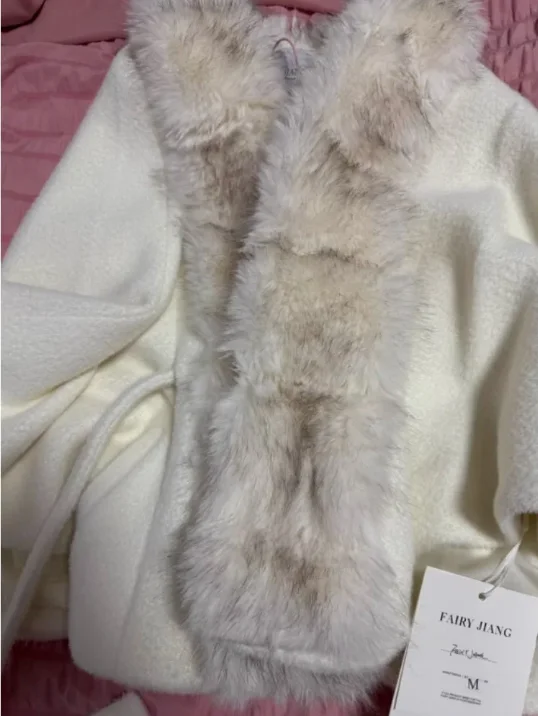 Autumn Winter New Original Beige Faux Fur Collar Cape Coat Sweet Cute Girls Versatile Solid Color Tie Short Shawl Jacket