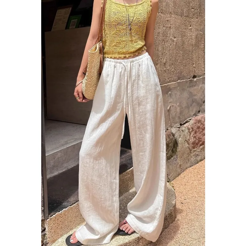 

Women Linen-Look Wide Leg Pants Summer Casual High Waist Loose Straight Leg Trousers