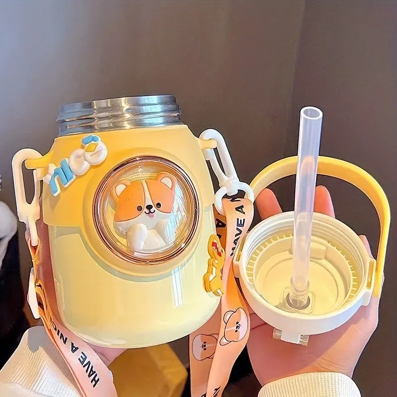 1pc 700ml Cute Cartoon Water Bottle with Straw Stainless Steel Thermos Bottle Portable Leak-Proof Jug for Student School Travel