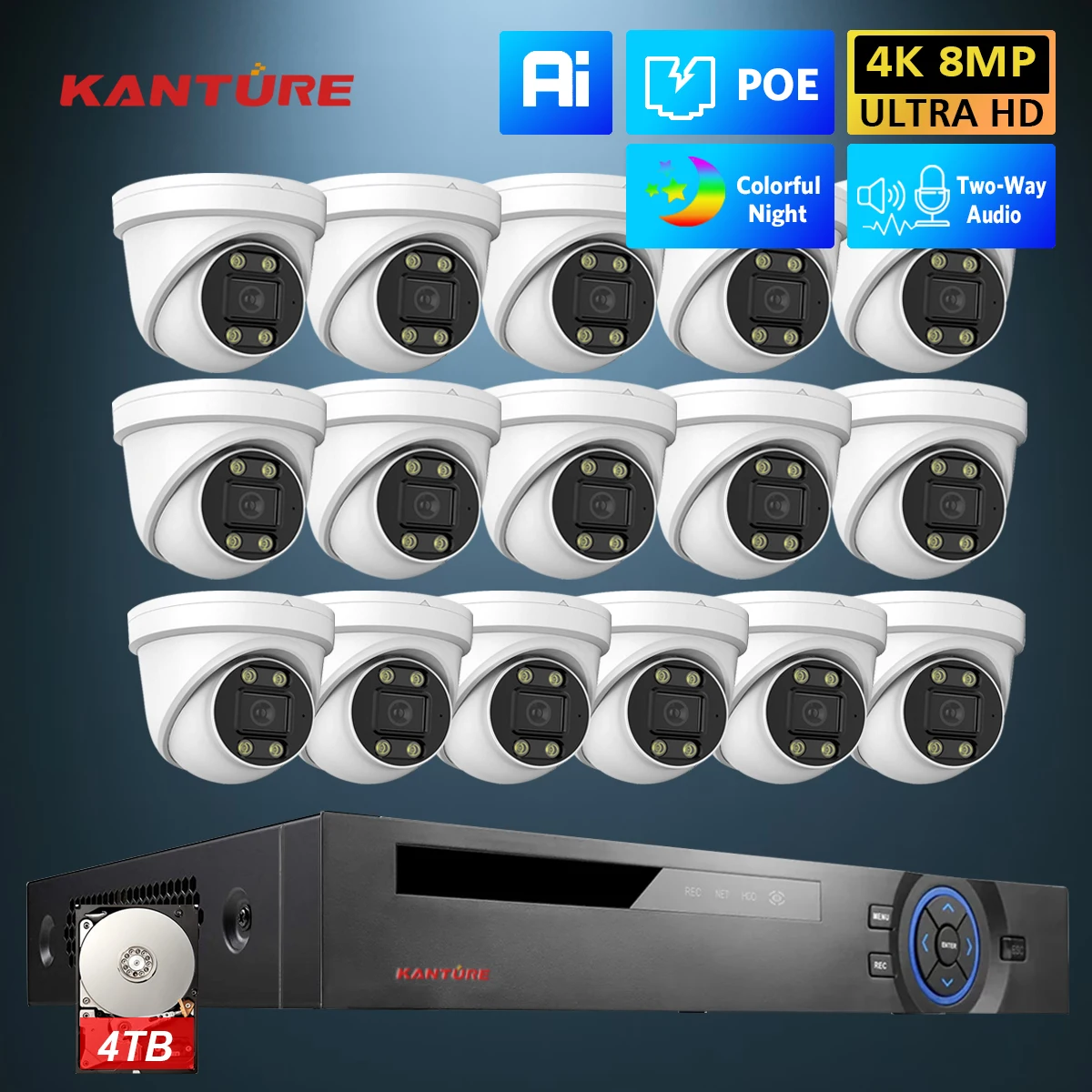 16CH 8MP H.265 4K POE Camera System with Two Way Audio Color Night Vision Metal Indoor CCTV Video Security Surveillance Kit