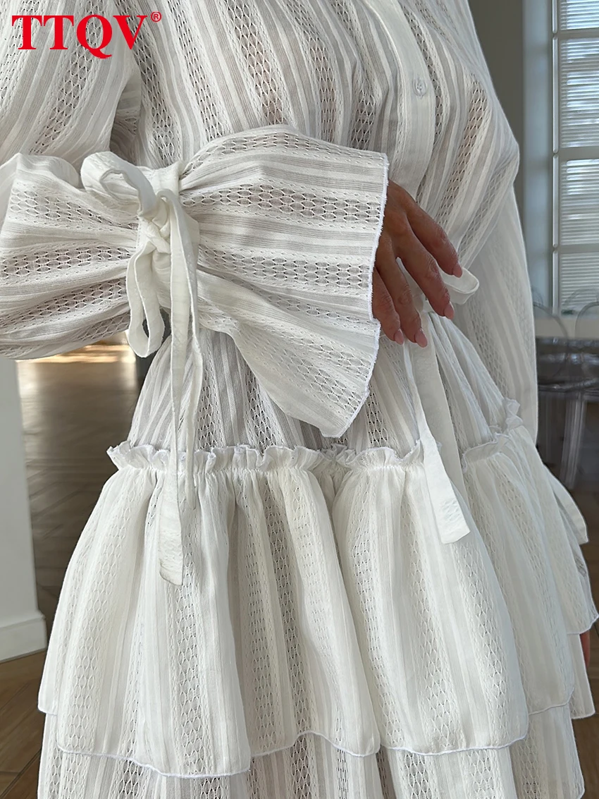 White Stand Collar Long Sleeve Pleated Mini Dress