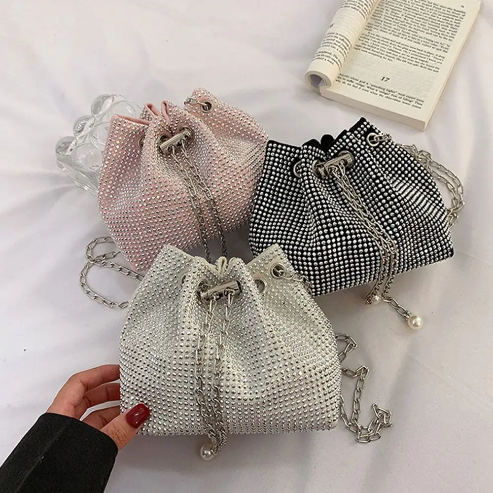 Ladies Rhinestone Bucket Shape Crossbody Bags Evening Party Clutches Storage Totes Shining Shoulder Bags Chain Handbags