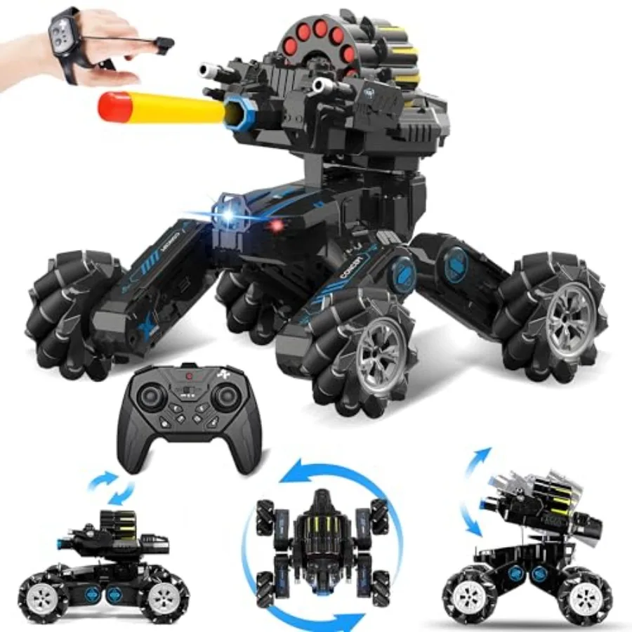 RC Tank Car for indoor/outdoor stunt shows, ABS plastic body, black with red accents, drift capability and hand gesture control