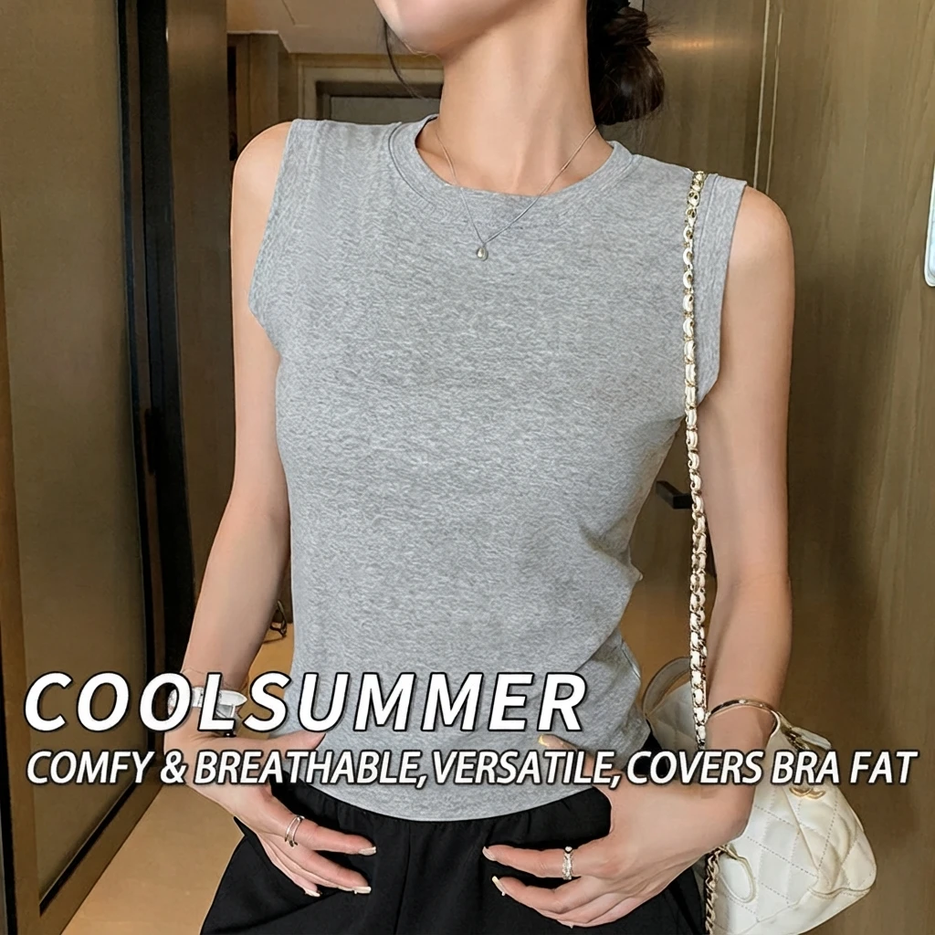 Women Round Neck Wide Strap Cotton Slim Fit Tank Top Solid Sleeveless Vest Sweet Fresh Style All Season Versatile Camisole