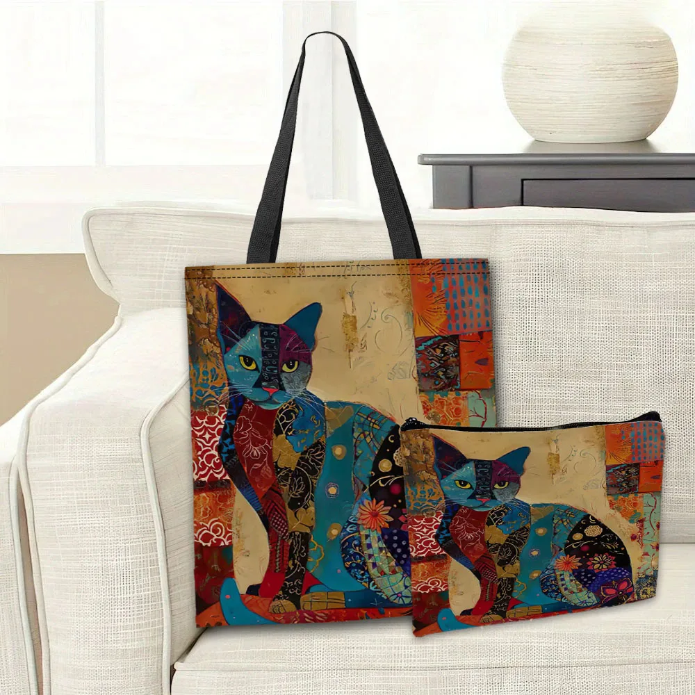 Schicke Retro-Blumen-Katze-Einkaufstasche, ethnischer Stil, Make-up-Tasche, Aufbewahrung, lässiges Einkaufen, Umhängetaschen, Damen-Handtasche, Kulturbeutel – Detail 6