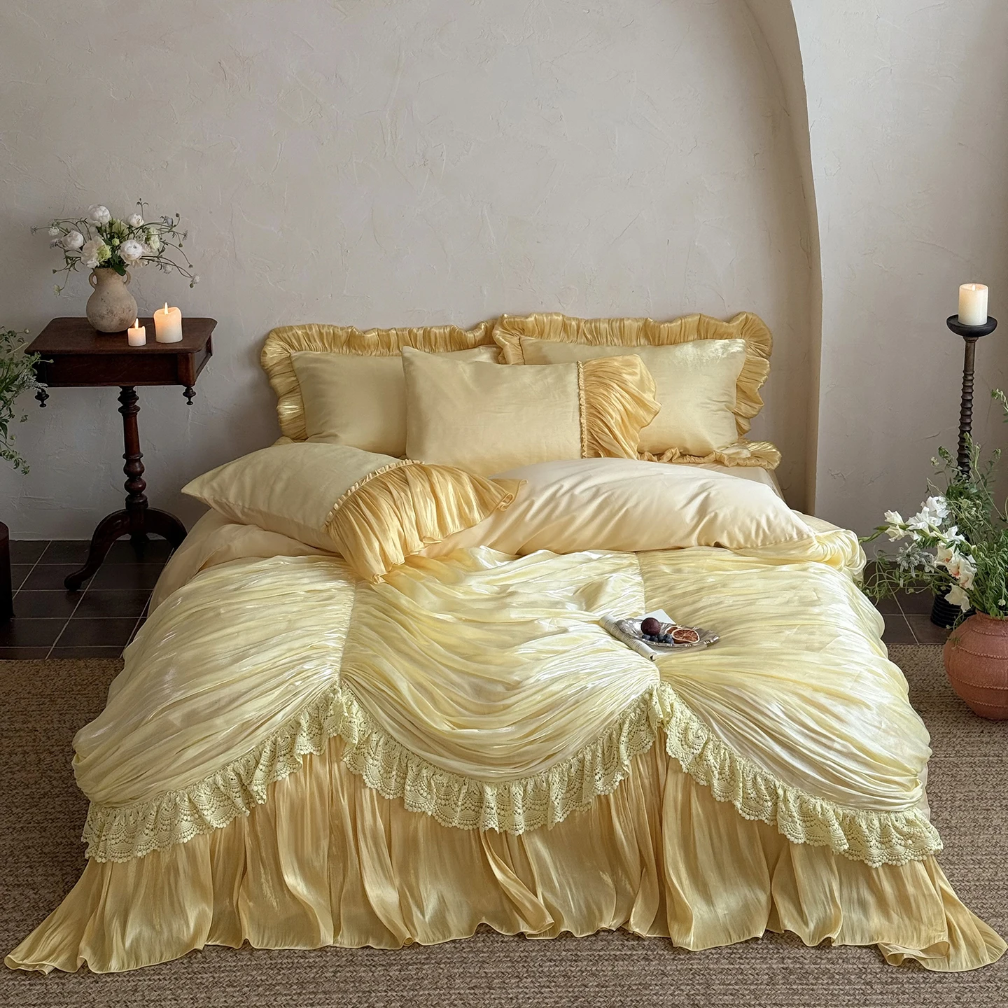 Golden Lace Princess Bedding Set Luxury 800TC Egyptian Cotton Duvet Cover Sets Bed Skirt Bedspread Pillowcases Home Textile