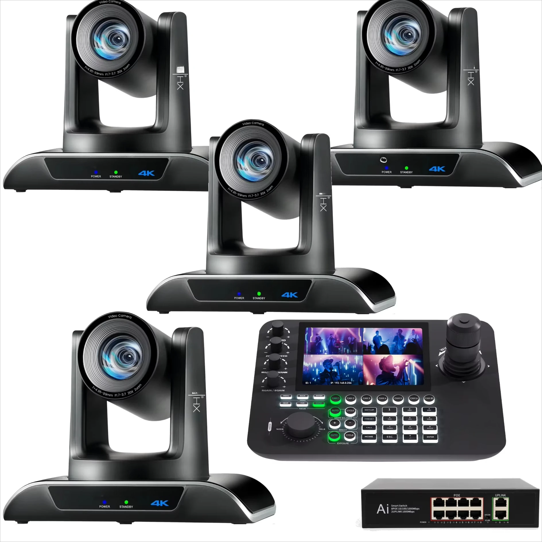 

4-Piece set NDI 20x zoom 4K AI tracking high definition USB LAN PTZ + 4 split-screen joystick controller + POEswitch