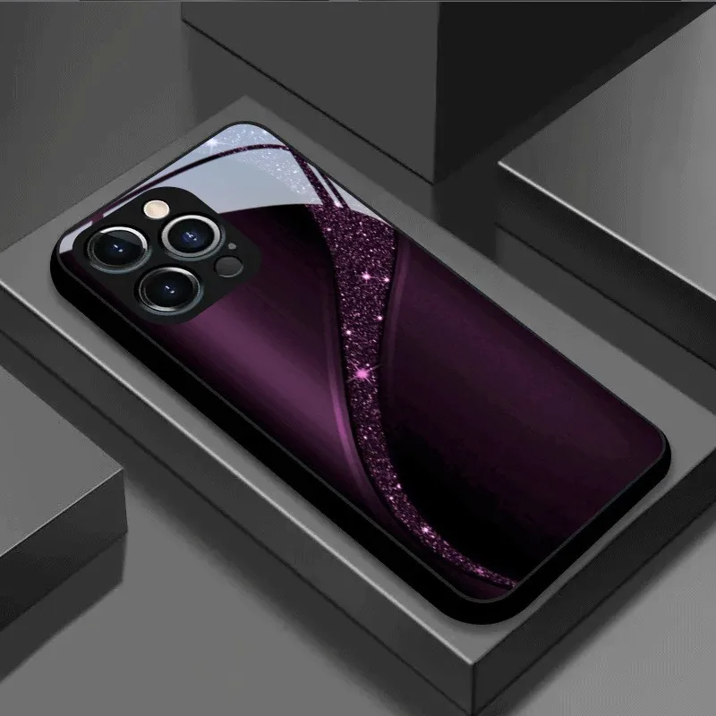 

Purple Black Sparkle Curve Starlight Tempered Glass Phone Case For iPhone 11 12 13 14 15 16 17 Pro Max 17Air 7 8 Plus XS X Cover