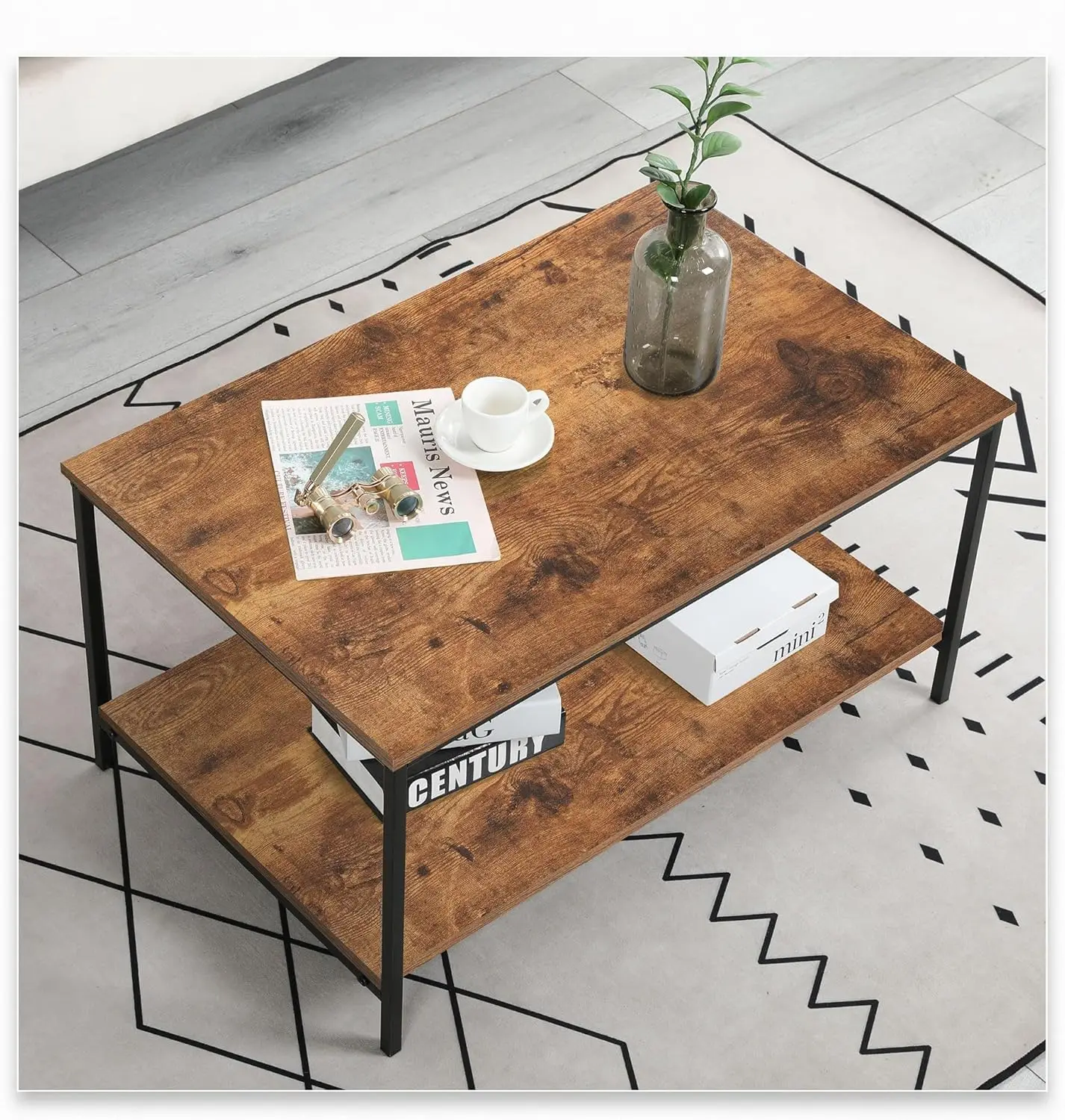 Small Brown Rectangle Wood and Metal Coffee Table with Storage Shelf for Small Living Rooms Wide Application Easy to Assemble