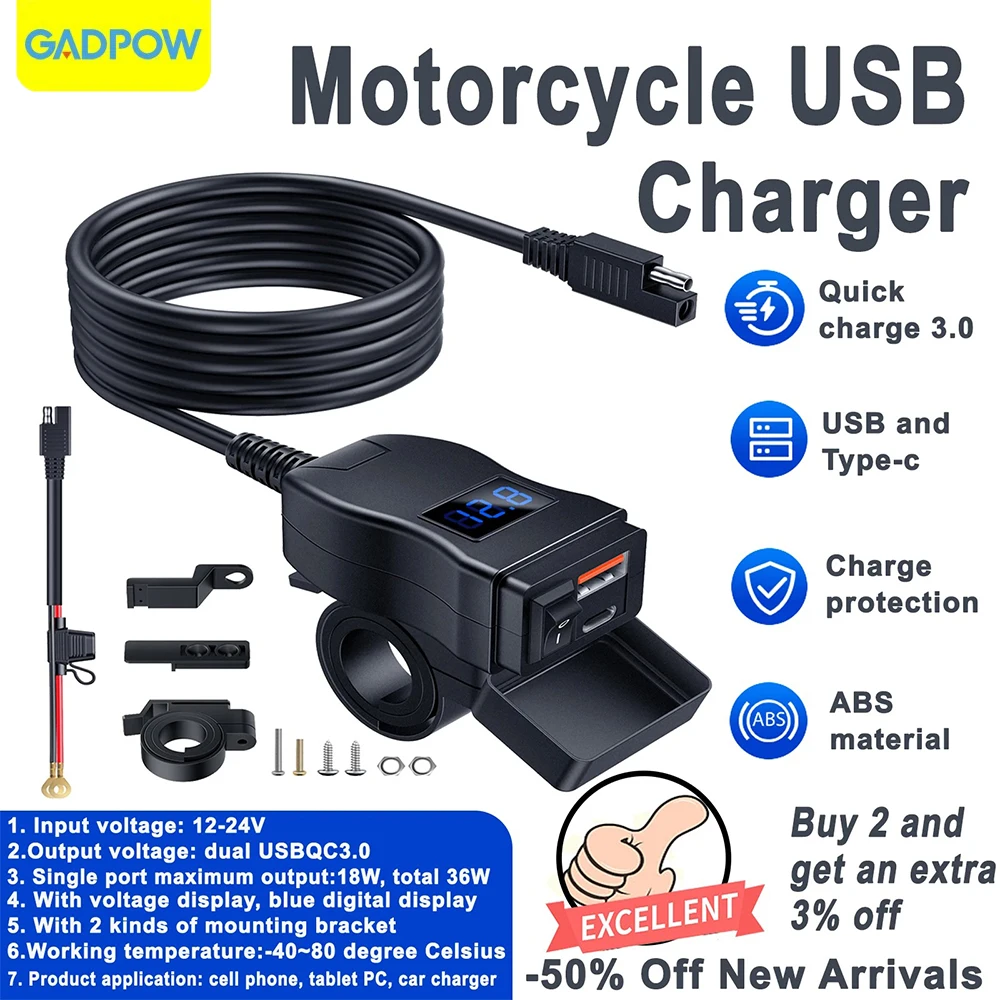 

Gadpow Motorcycle Charger Dual USB QC3.0 Fast Charger Power Adapter Socket with Switch Waterproof Digital Voltmeter