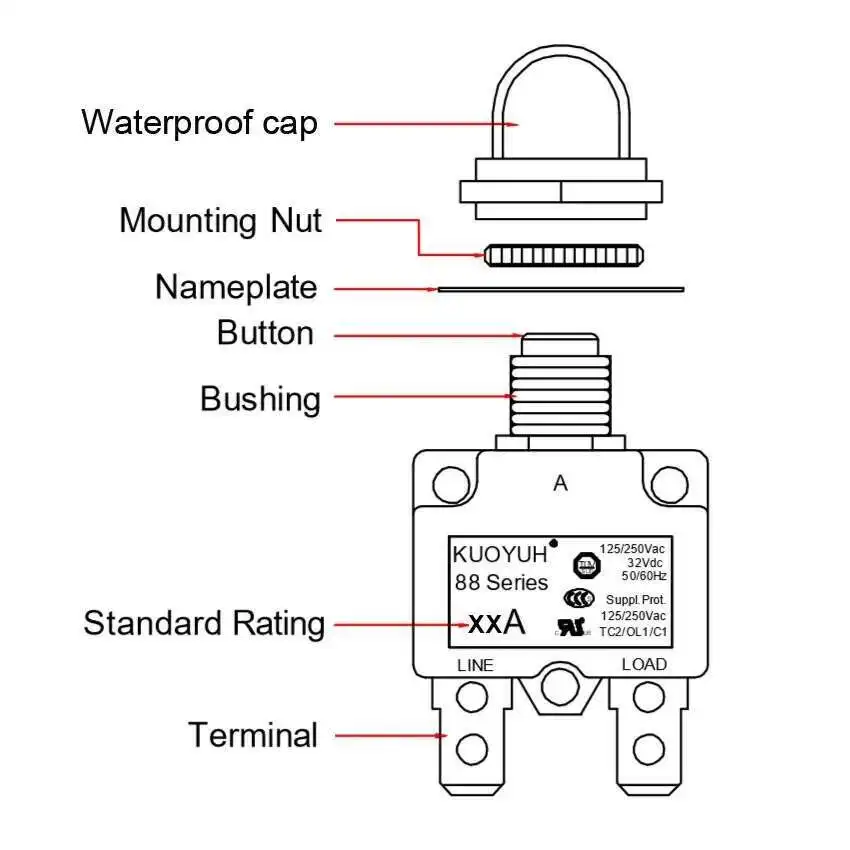 KUOYUH 88 Series 5A 6A 7A 8A 9A 10A 12A 15A 20A 25A 28A Mini disyuntor reinicio Manual interruptor Protector de sobrecarga