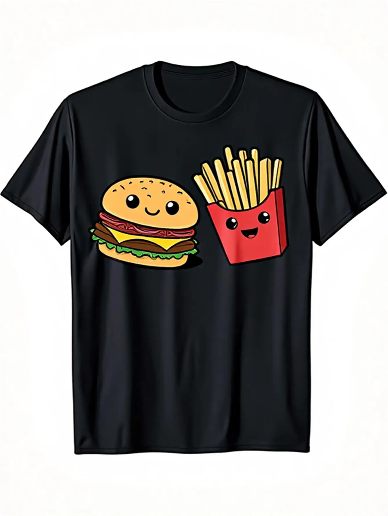

Men's Fun Fast Food Graphic T-Shirt, 100% Cotton, Casual Crew Neck Short-Sleeve Top with Colorful Burger and Fries Design, Cute Big Burger and Fries Style, Suitable for Summer Halloween Costumes and Birthday Party Wear